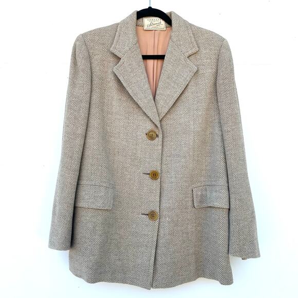 Vintage Women’s Caqueta Stroock Wool Herringbone Blazer Beige Jacket Large - Picture 2 of 6